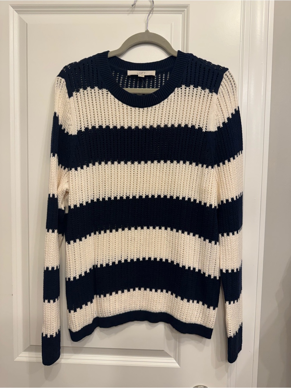 LOFT Navy & Cream Striped Crewneck Sweater